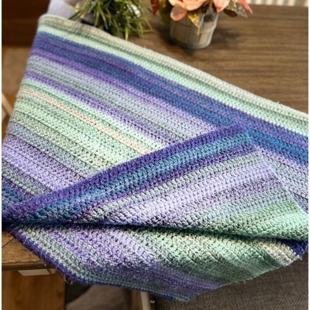 Hand Knit Striped Crochet Blanket 54x43 Cozy‎ Purple Green Blue